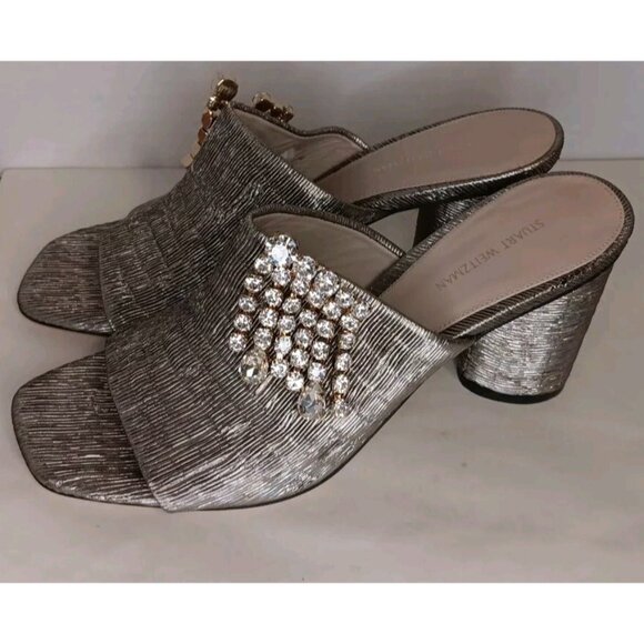 Stuart Weitzman Theone Women's 8.5 M Metallic Pewter Shoes Slip On Dress Heels - Picture 3 of 9